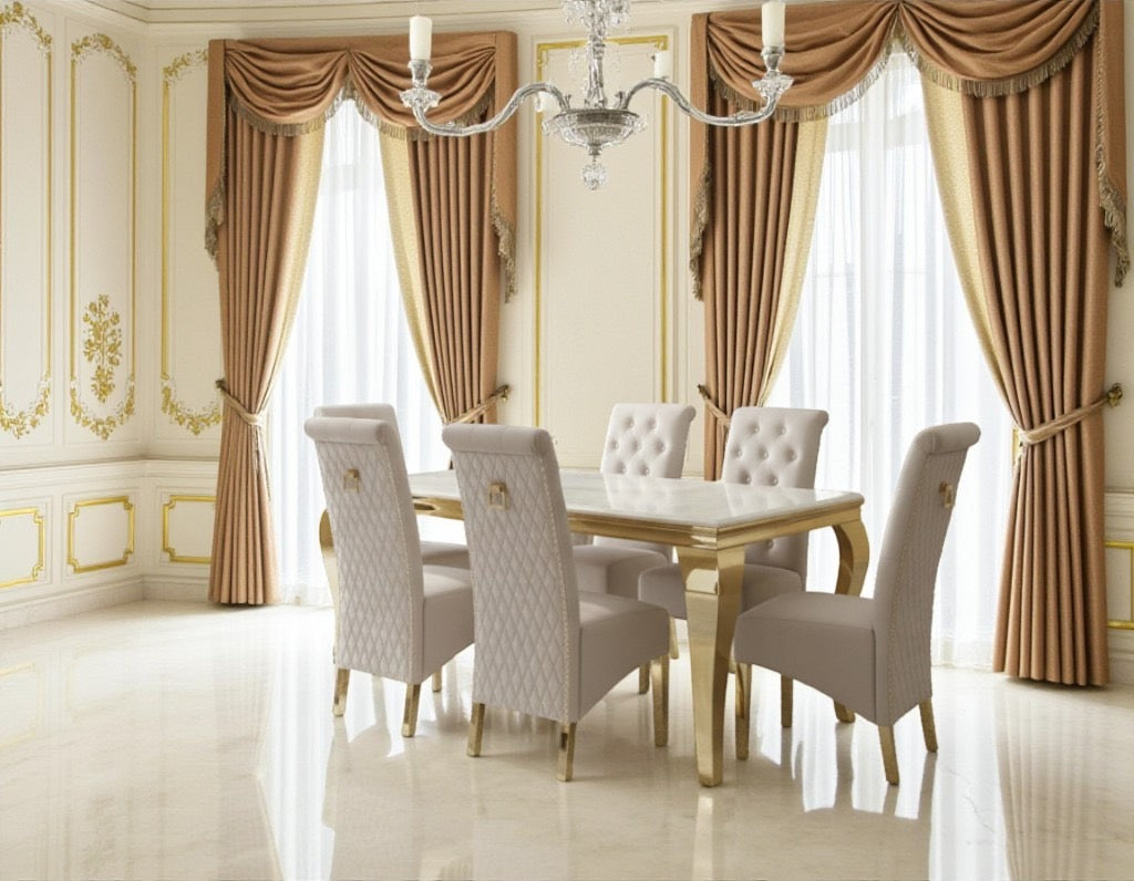 Louis Cream Gold Marble Dining Table + Sofia Cream And Gold Dining Cha ...