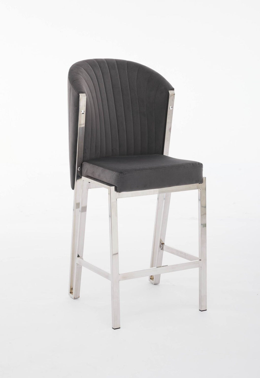 A gray upholstered bar stool with a metal frame.