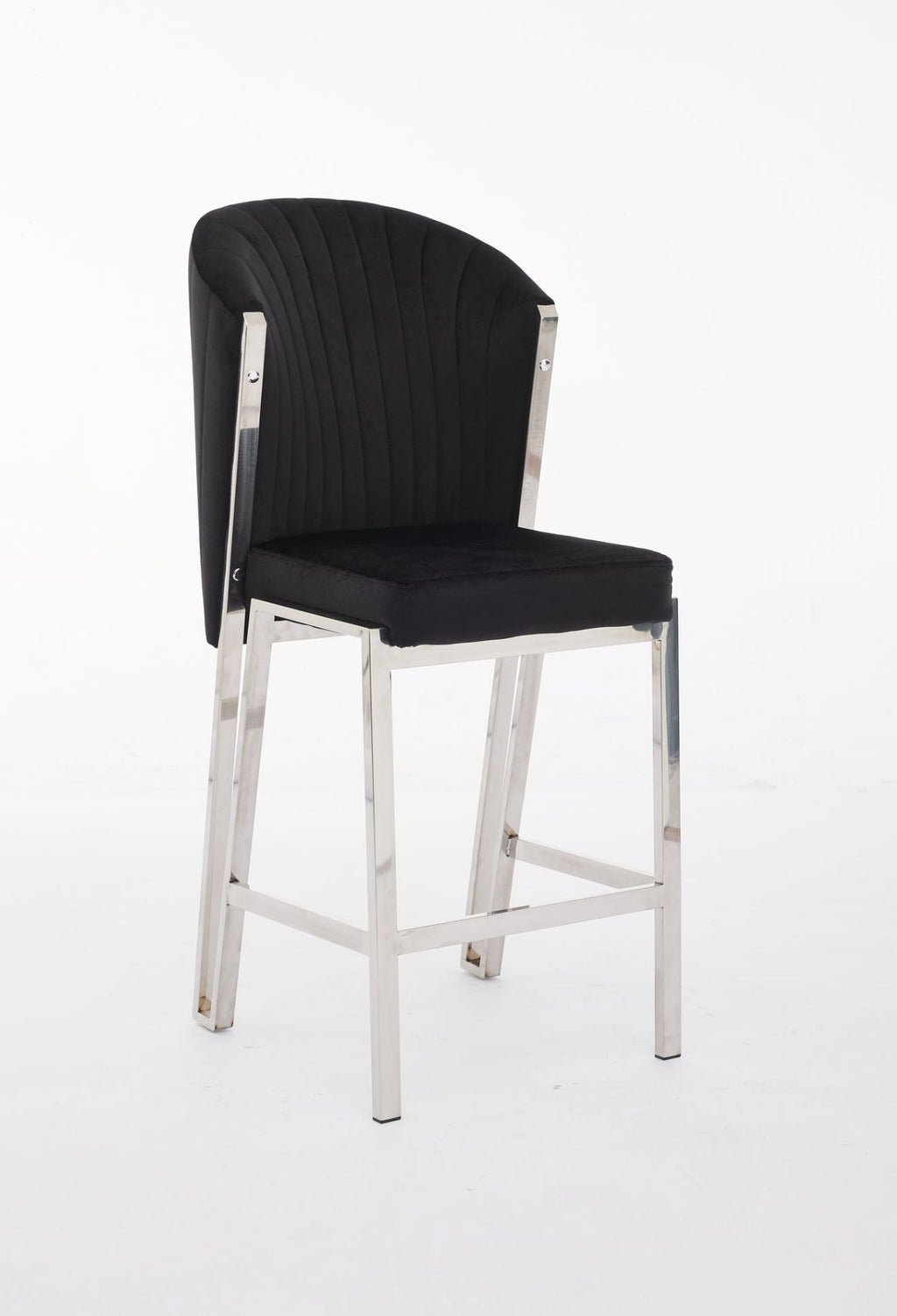A black bar stool with a upholstered seat and a metal frame.