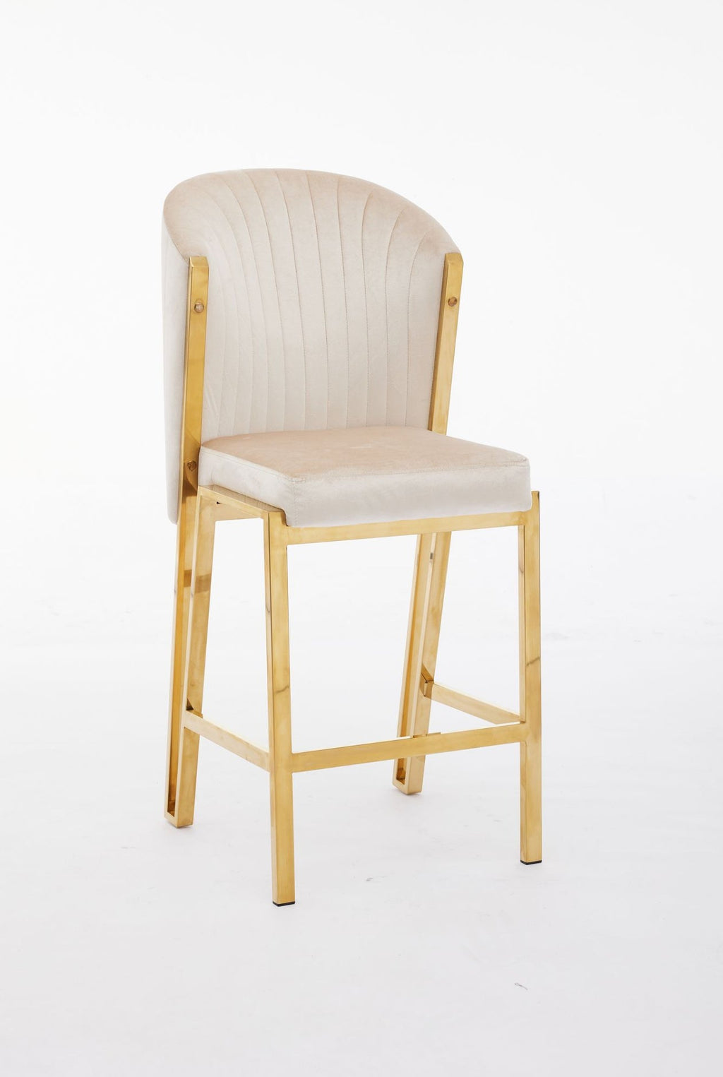 A cream upholstered bar stool with a gold metallic frame and a full backrest.