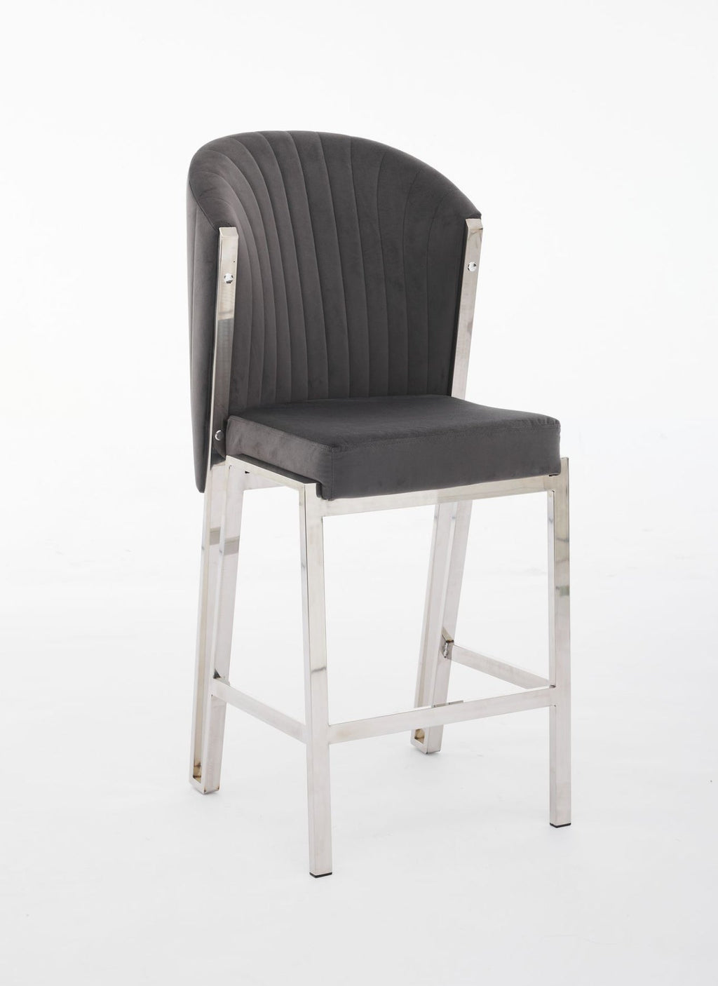 A gray upholstered bar stool with a metal frame.