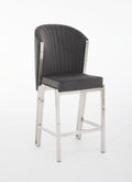 A gray upholstered bar stool with a metal frame.