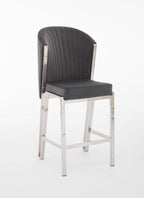 A gray upholstered bar stool with a metal frame.