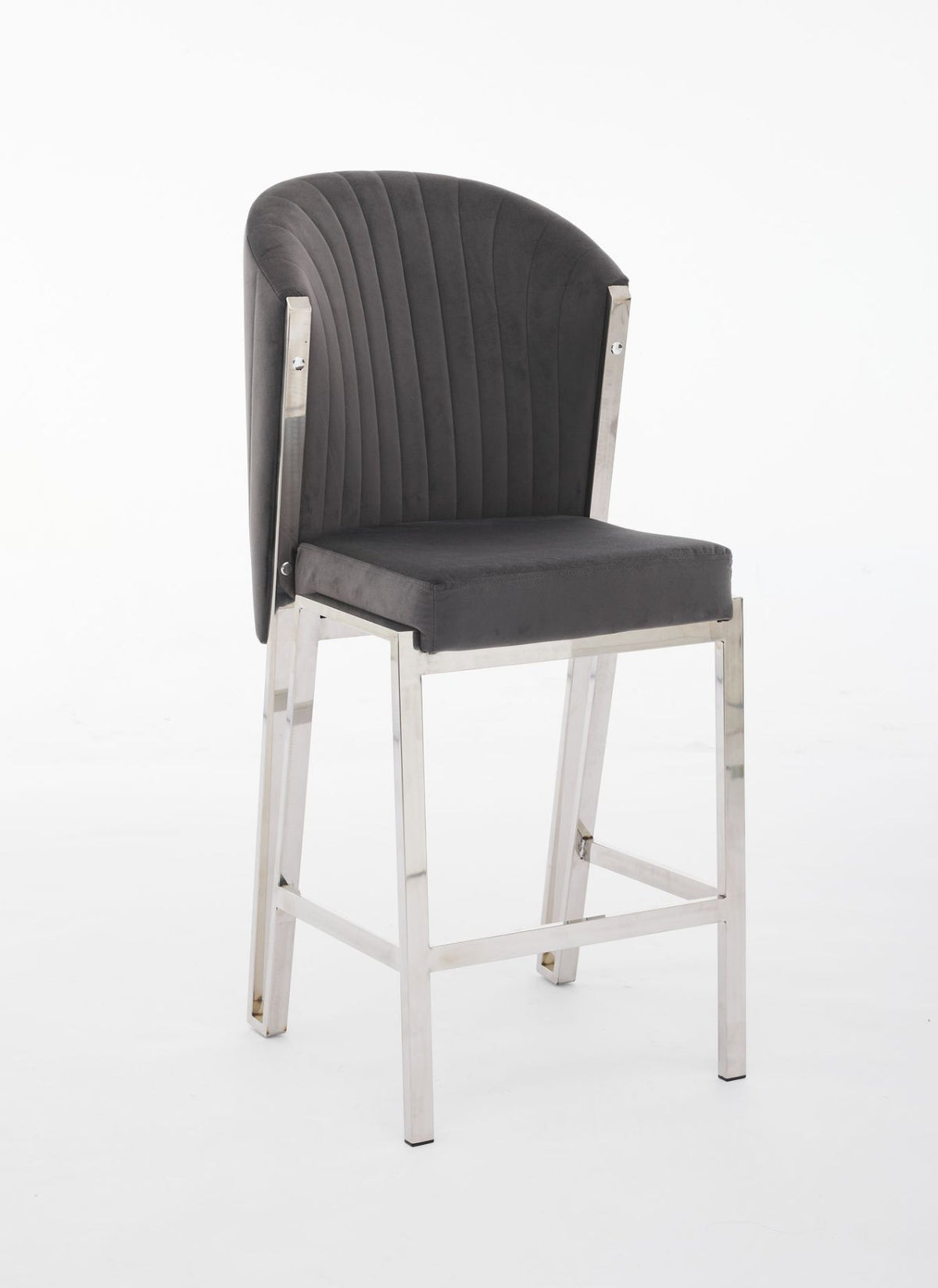 A gray upholstered bar stool with a metal frame.