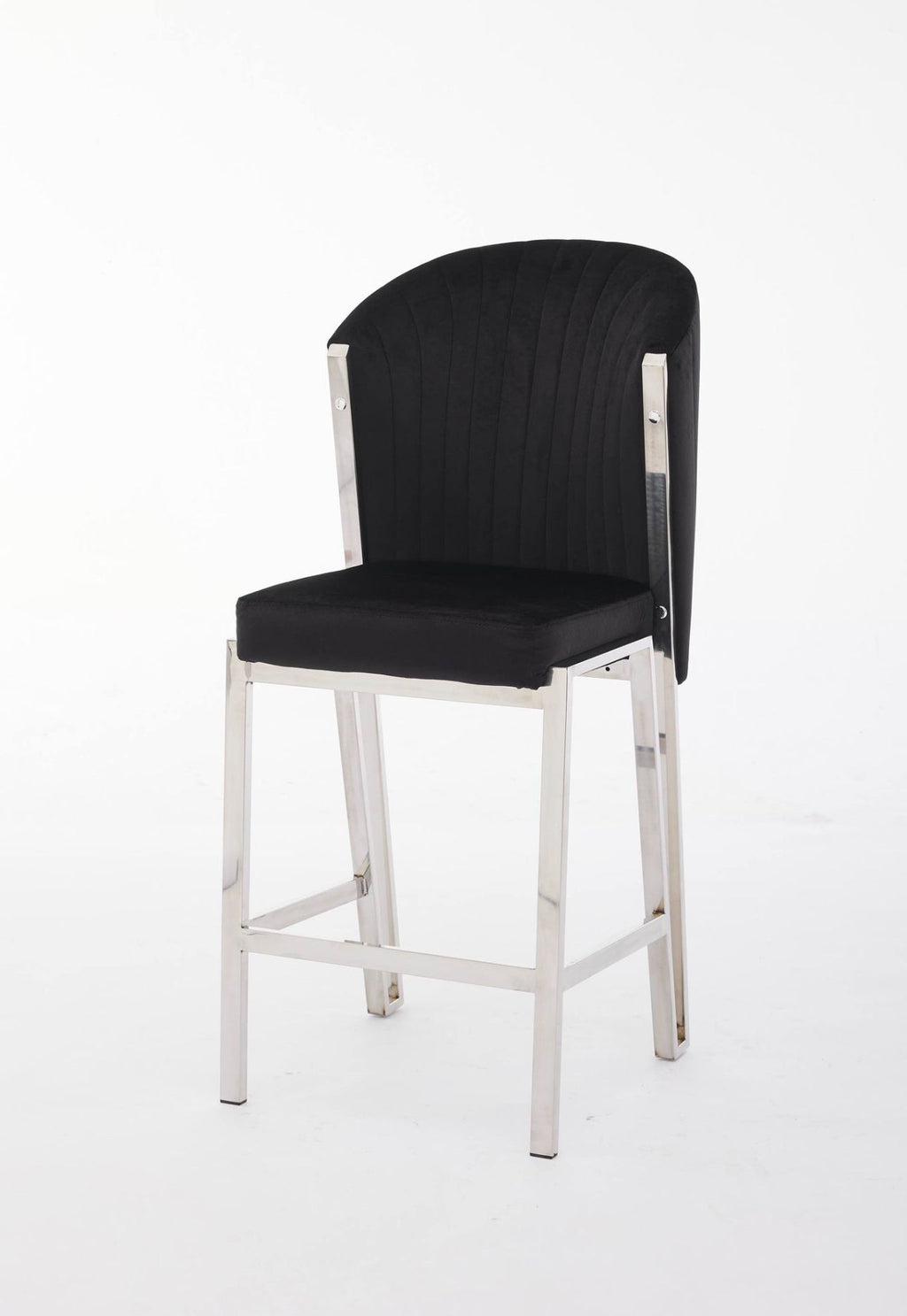 A gray upholstered bar stool with a metal frame.