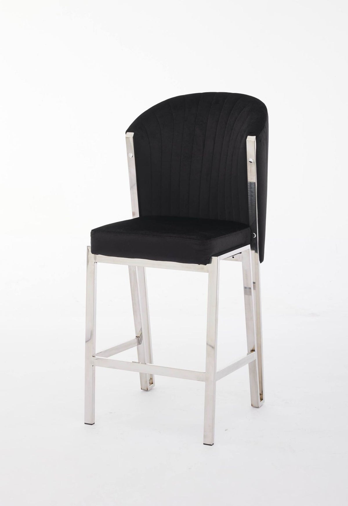 A gray upholstered bar stool with a metal frame.