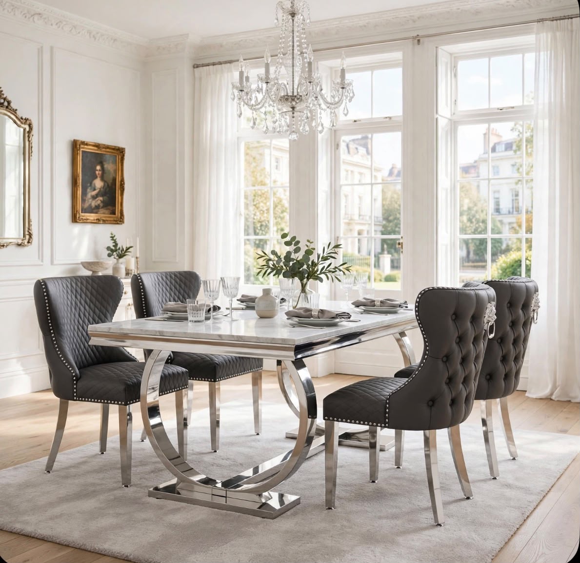 Arianna White Marble & Chrome Dining Set with Grey Valentino Lion Knocker Chairs