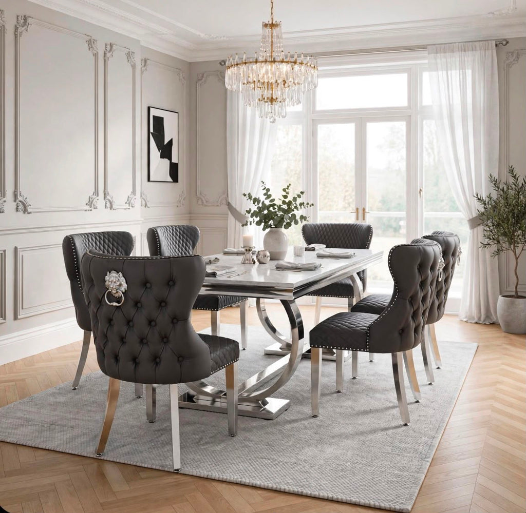 Arianna White Marble & Chrome Dining Set with Grey Valentino Lion Knocker Chairs