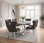 Arianna White Marble & Chrome Dining Set with Grey Valentino Lion Knocker Chairs