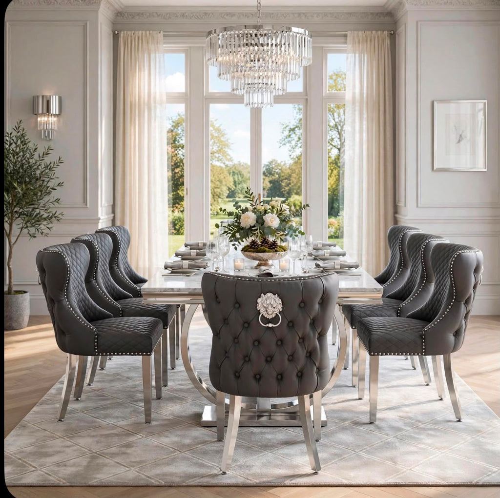 Arianna White Marble & Chrome Dining Set with Grey Valentino Lion Knocker Chairs