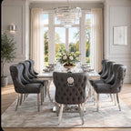 Arianna White Marble & Chrome Dining Set with Grey Valentino Lion Knocker Chairs