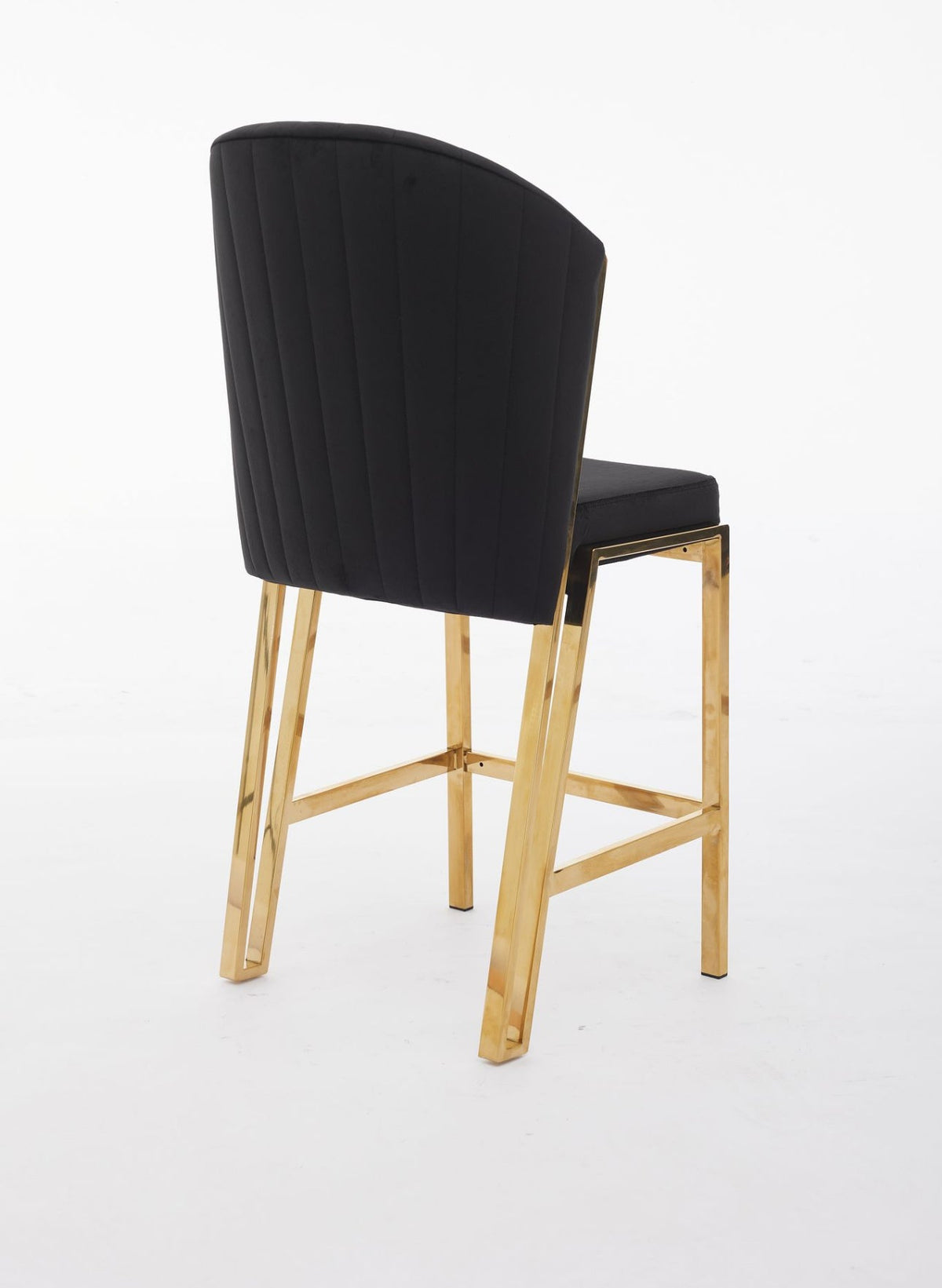A black upholstered bar stool with a gold metallic frame and a full backrest.