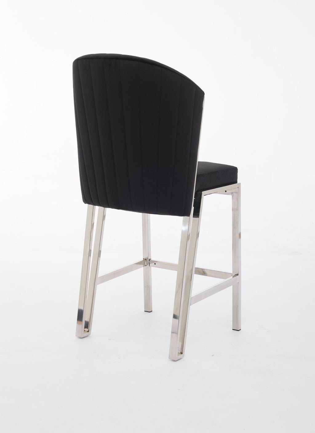 A gray upholstered bar stool with a metal frame.