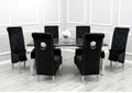 Black marble Louis dining table with six black velvet Sofia lion knocker chairs and chrome legs – luxury dining set UK