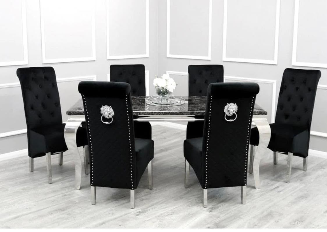 Black marble Louis dining table with six black velvet Sofia lion knocker chairs and chrome legs – luxury dining set UK