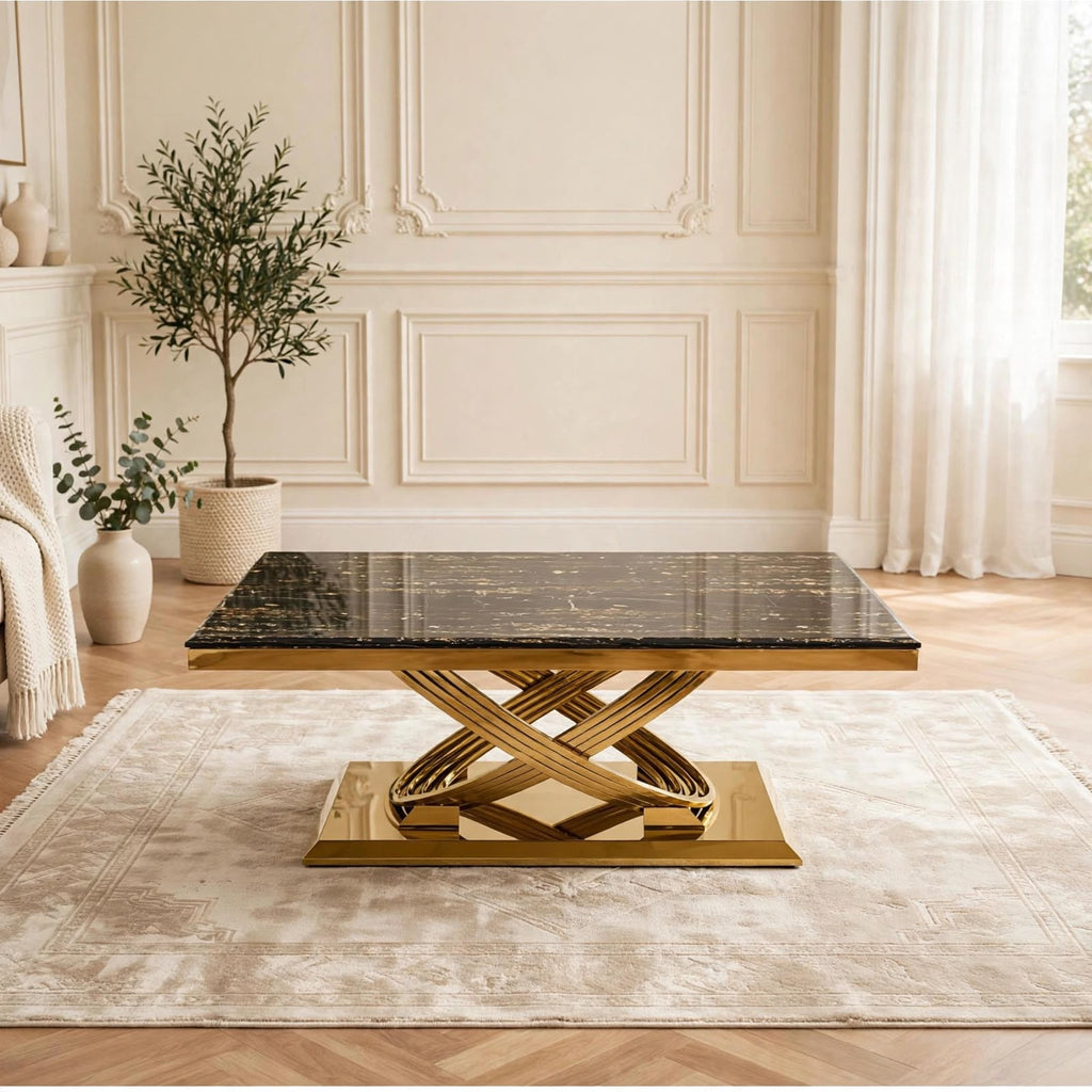 Black and gold marble coffee table with woven gold ring base – luxury UK