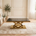 Black and gold marble coffee table with woven gold ring base – luxury UK