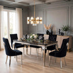Black marble Louis dining table and black lion knocker chairs with chrome legs – luxury 6 seater dining set