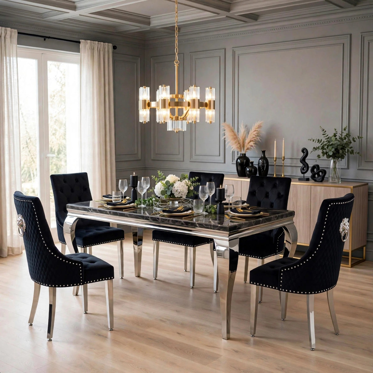 Black marble Louis dining table and black lion knocker chairs with chrome legs – luxury 6 seater dining set