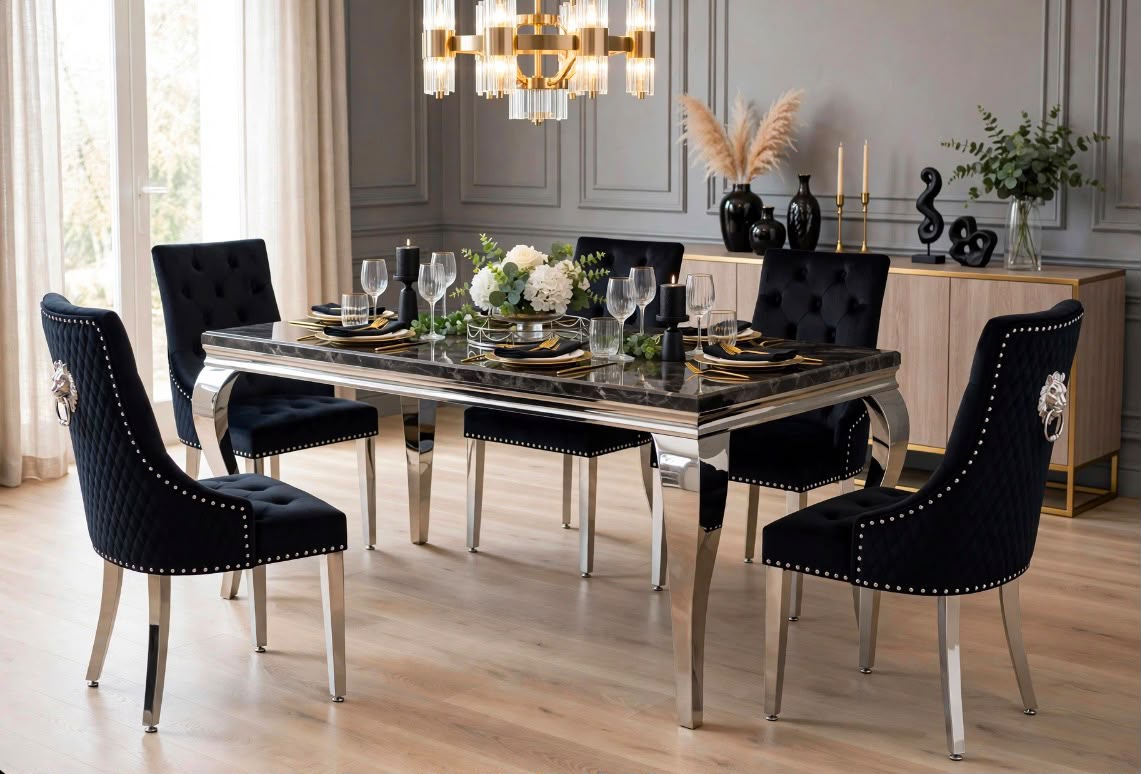 Black marble Louis dining table with black velvet lion knocker chairs and chrome legs – luxury dining set UK