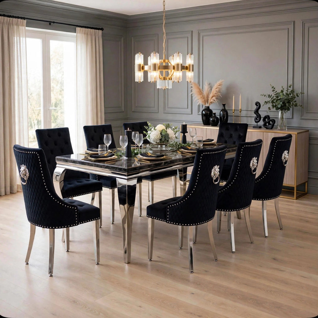 Black marble dining table with black lion knocker chairs – luxury 8 seater dining set UK