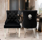 Black velvet Majestic lion knocker dining chairs with buttoned back and chrome legs