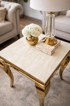 Cream and gold Louis lamp table with marble top beside sofa – luxury UK side table
