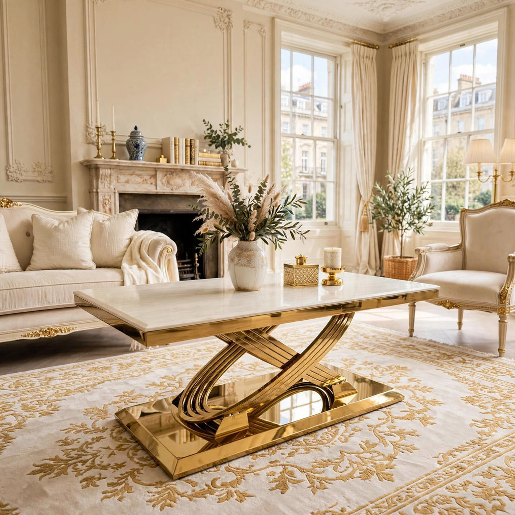 Cream and gold marble coffee table with woven gold ring base – luxury UK