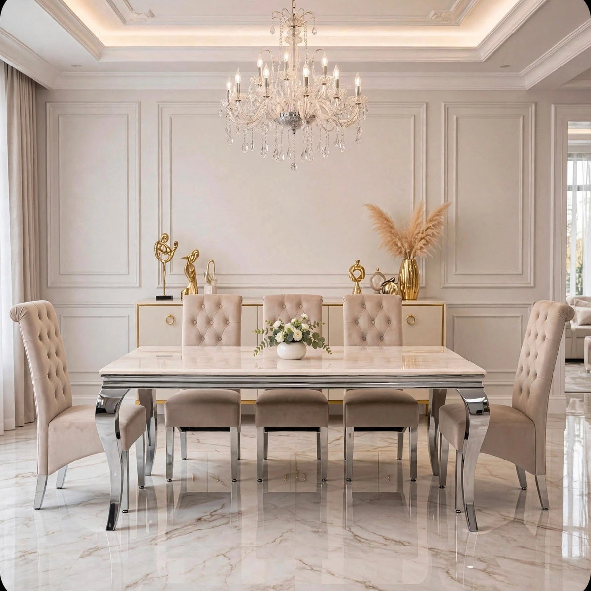 Cream marble Louis dining table and cream Sofia chairs with chrome legs – luxury 6 seater dining set