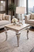 Cream marble and chrome Louis side table with curved silver legs – luxury occasional table