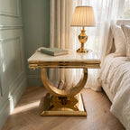 Cream marble and gold Arianna side table with U-shaped gold pedestal base – luxury occasional table