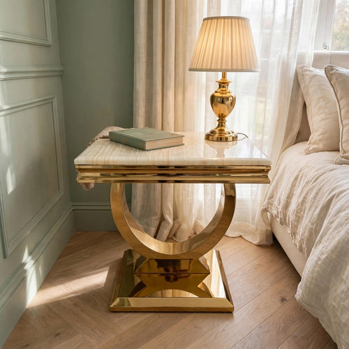 Cream marble and gold Arianna side table with U-shaped gold pedestal base – luxury occasional table