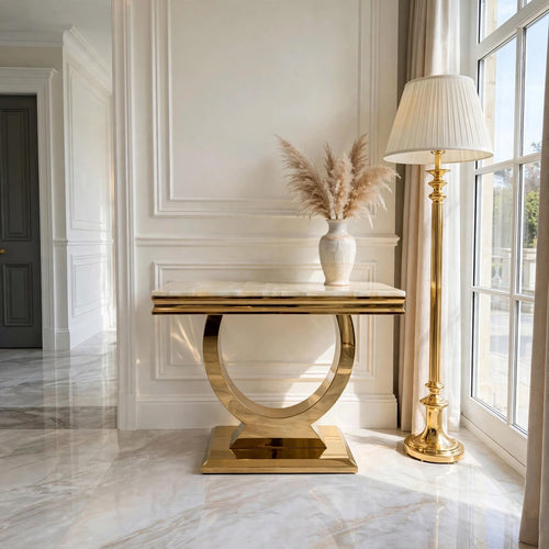 Cream marble and gold Arianna table with gold base in hallway – luxury UK