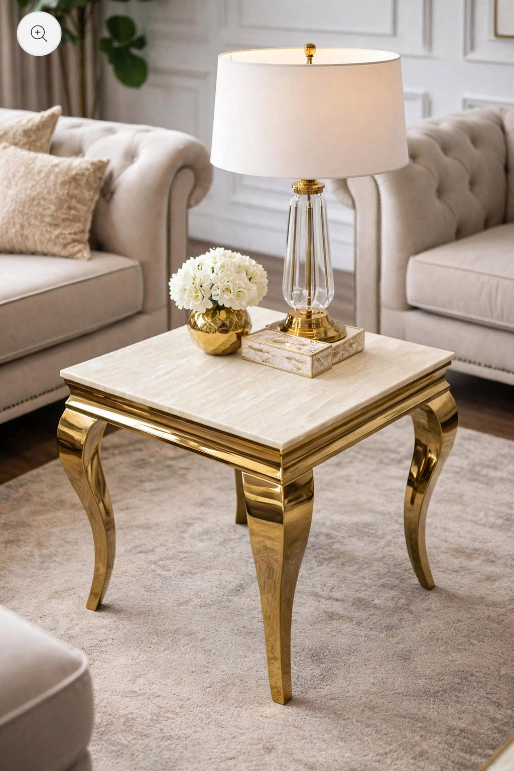 Cream marble and gold Louis side table with curved gold legs – luxury occasional table