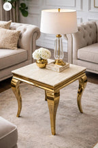 Cream marble and gold Louis side table with curved gold legs – luxury occasional table