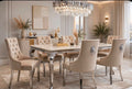Cream marble Louis dining table with mink velvet lion knocker chairs and chrome legs – luxury dining set UK