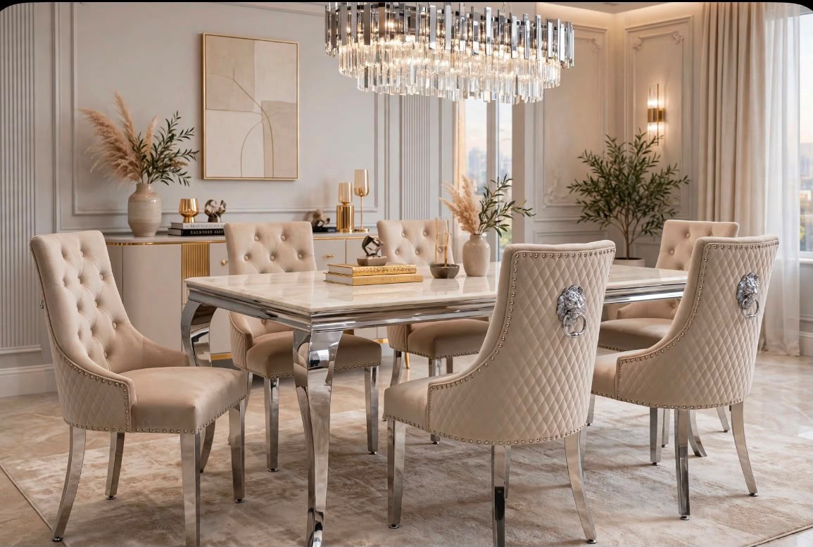 Cream marble Louis dining table with mink velvet lion knocker chairs and chrome legs – luxury dining set UK