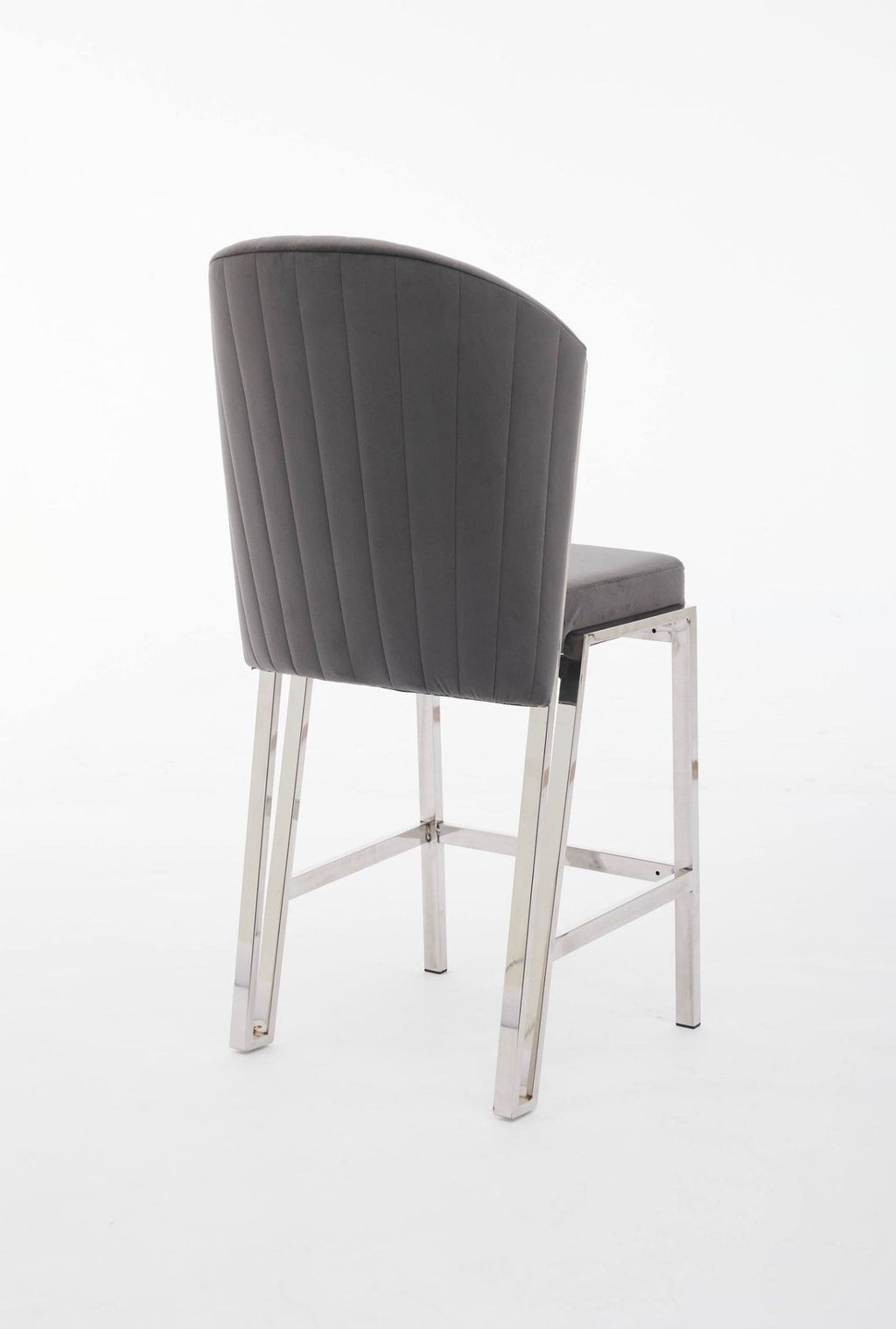 A gray upholstered bar stool with a metal frame.