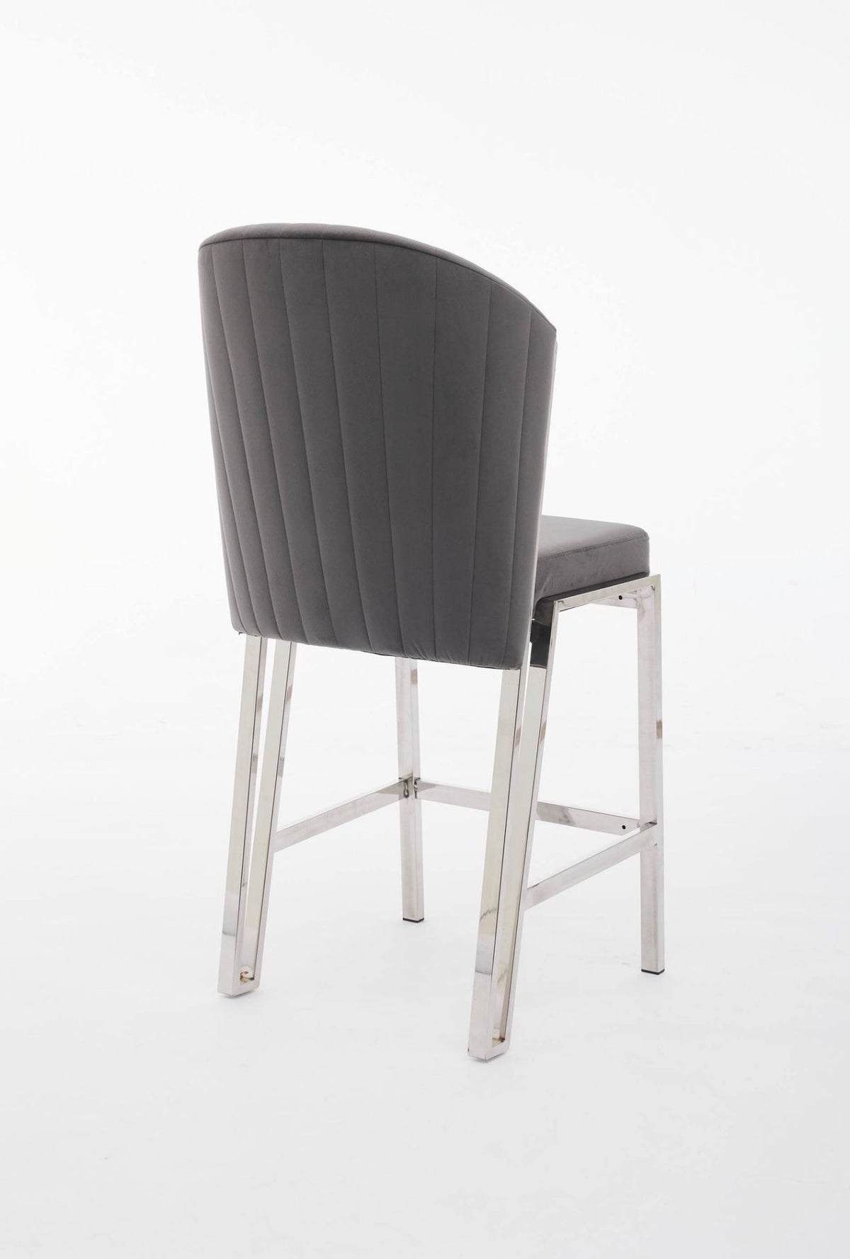 A gray upholstered bar stool with a metal frame.