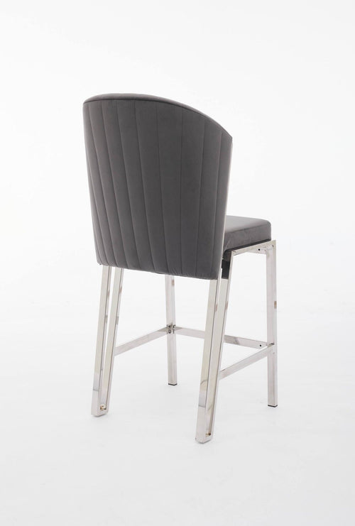 A gray upholstered bar stool with a metal frame.