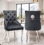 Dark grey velvet Majestic lion knocker dining chairs with buttoned back and chrome legs