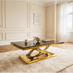 Elina black marble and gold coffee table with sculptural interlaced gold base in luxury living room