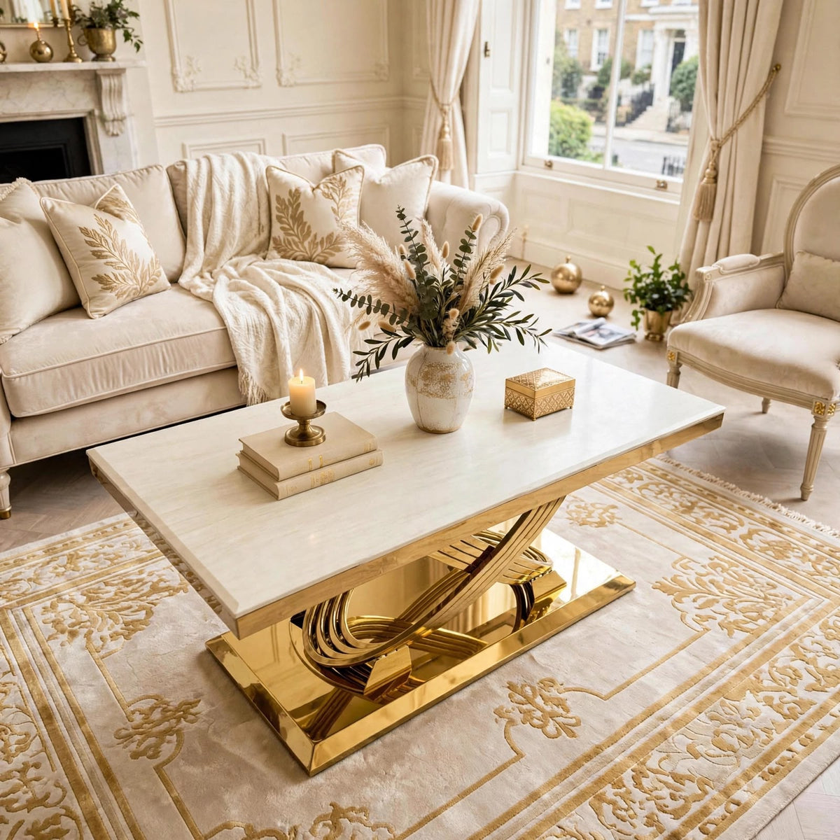 Elina cream marble and gold coffee table with sculptural interlaced gold base in luxury living room