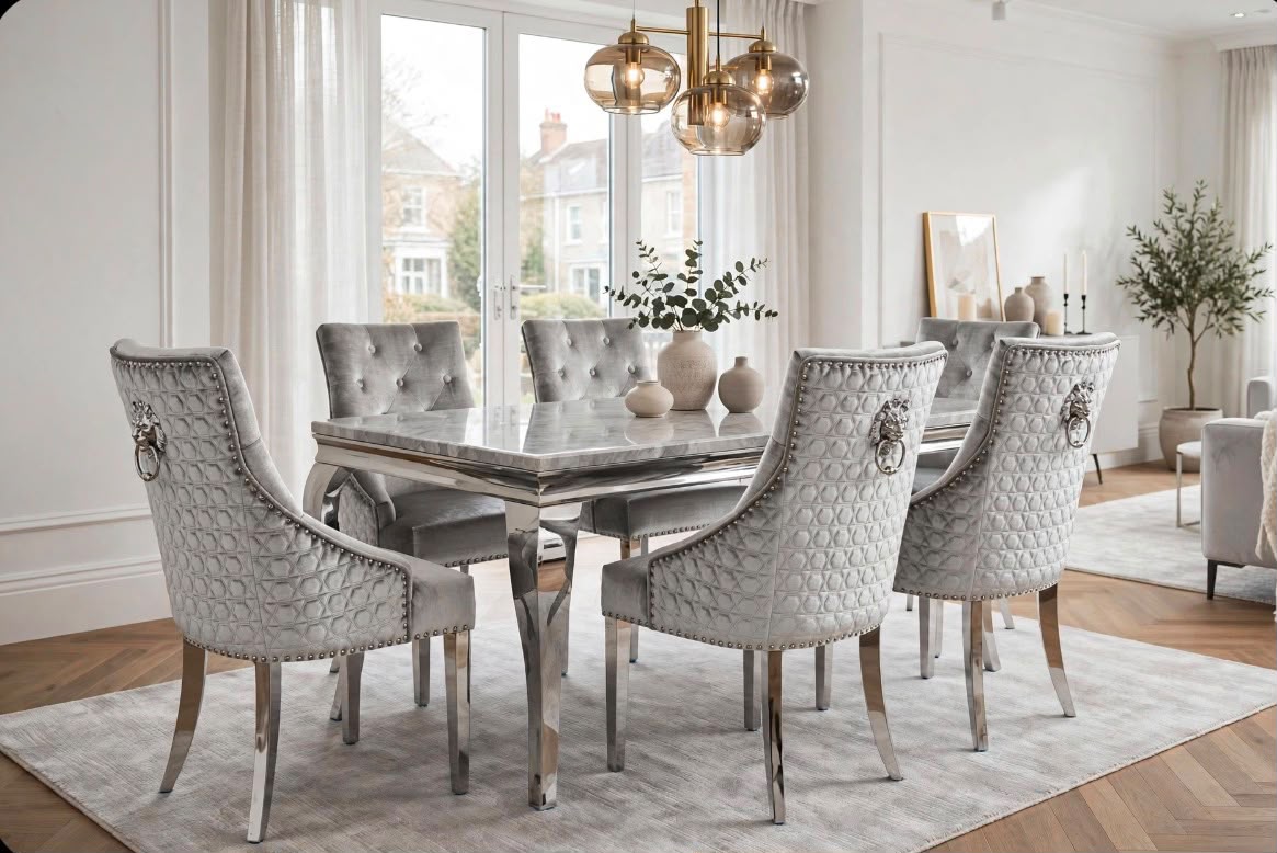 Grey marble Louis dining table with light grey velvet lion knocker chairs and chrome legs – luxury dining set UK