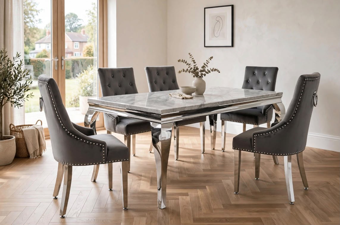 Light grey marble dining set with curved chrome Louis base and dark grey velvet Majestic ring knocker chairs in a bright dining room with patio doors