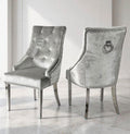 Light grey silver velvet Valencia ring knocker dining chairs with buttoned back and chrome legs