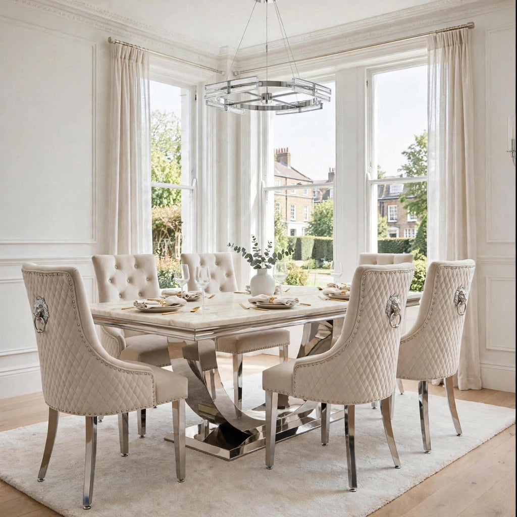 London cream marble dining set with six mink velvet Majestic chairs with tufted backs in a bright dining room