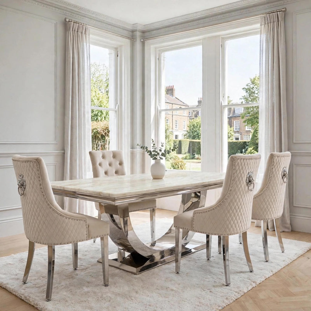 Cream marble dining table with polished chrome London base and four mink velvet Majestic chairs