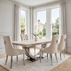 Cream marble dining table with polished chrome London base and four mink velvet Majestic chairs