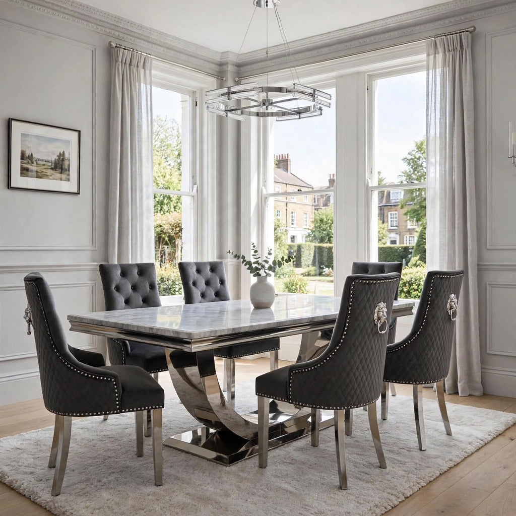 London light grey marble dining set with six dark grey velvet Majestic chairs with tufted backs in a modern dining room